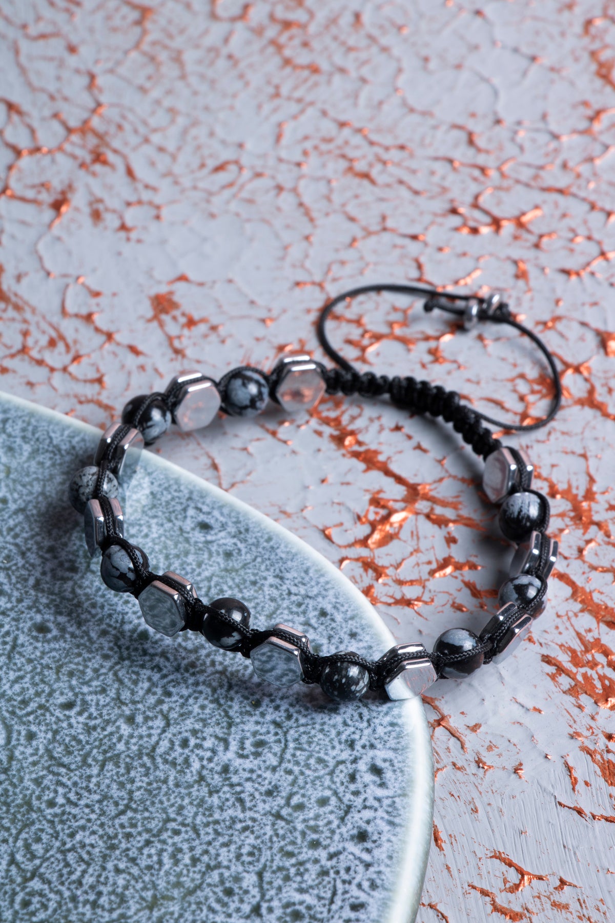 Karlı Obsidyen &amp; Hematit Makrome Bileklik