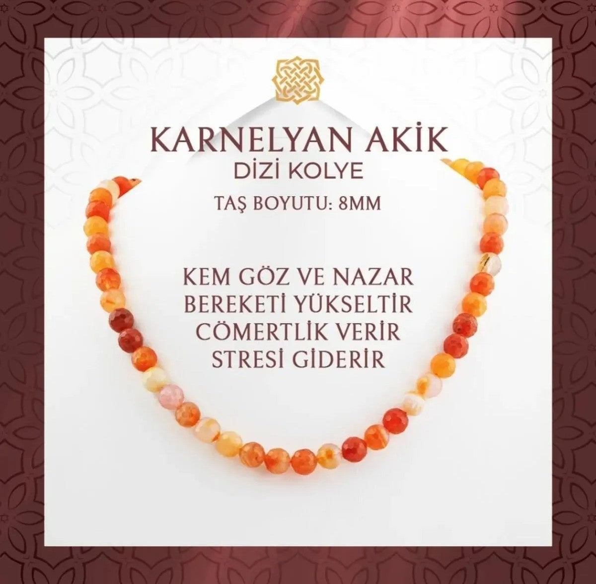 Karnelyan Akik 8 mm Dizi Doğal Taş Kolye