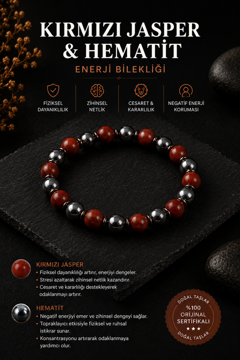 Sertifikalı Doğal Kırmızı Jasper & Hematit Enerji Bilekliği – Saff Doğal Taş | SAFF Doğal Taş