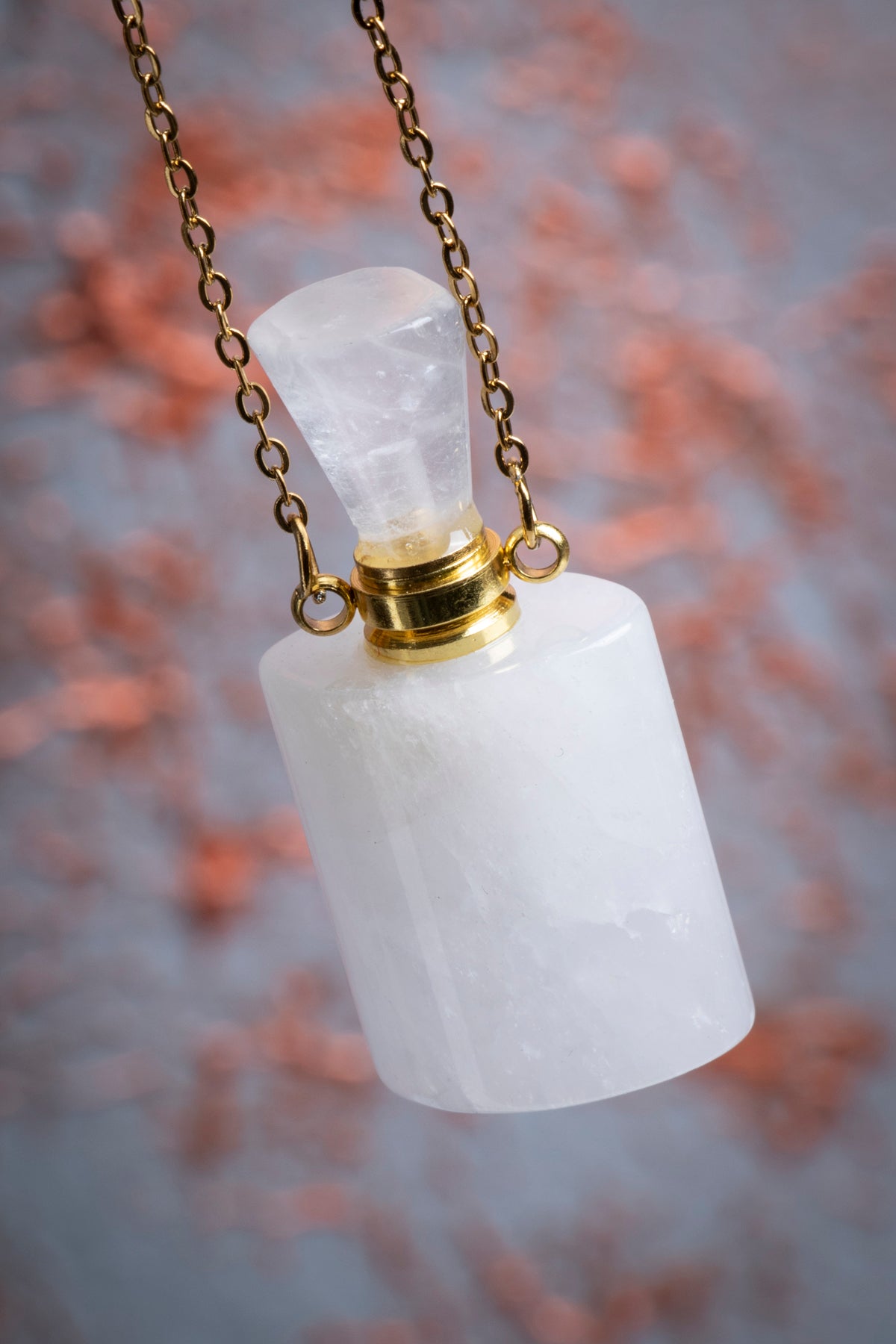 Kristal Kuvars Taşı Altın Zincirli Esans Şişesi Kolye