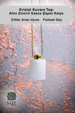 Kristal Kuvars Taşı Altın Zincirli Esans Şişesi Kolye