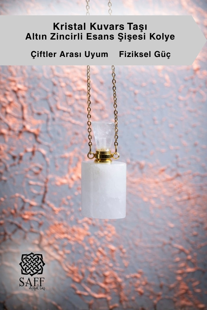 Kristal Kuvars Taşı Altın Zincirli Esans Şişesi Kolye