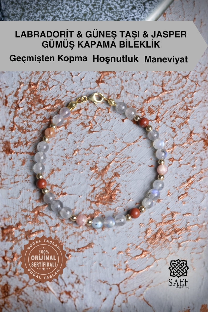 Labradorit &amp; Güneş Taşı &amp; Jasper Gümüş Kapama Bileklik