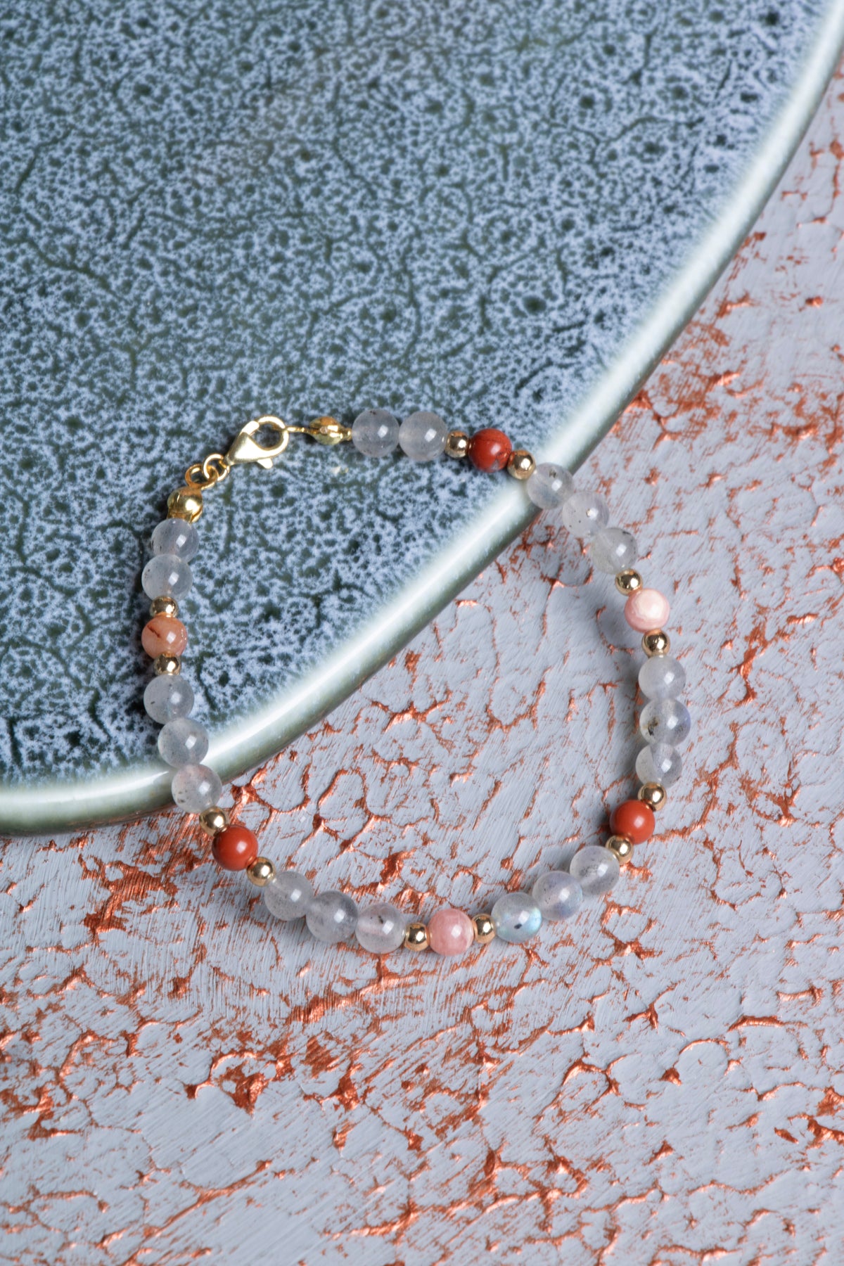 Labradorit &amp; Güneş Taşı &amp; Jasper Gümüş Kapama Bileklik