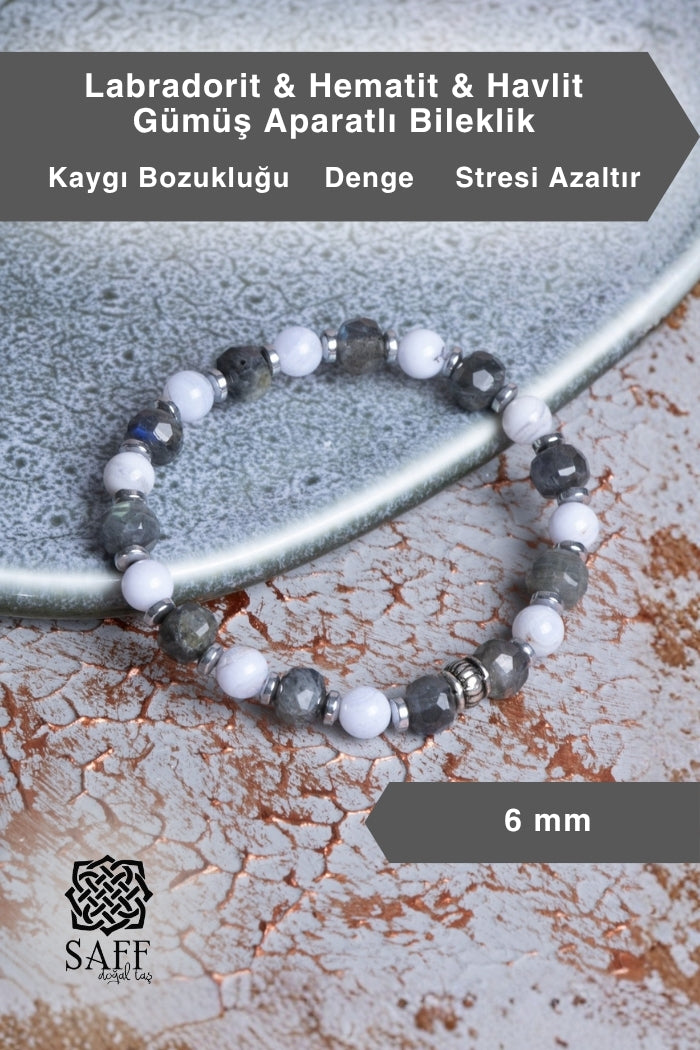Labradorit &amp; Hematit &amp; Havlit &amp; Gümüş Aparatlı Bileklik