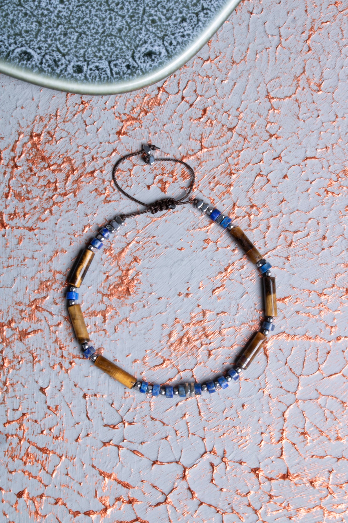 Lapis Lazuli &amp; Hematit &amp; Kaplan Gözü &amp; Gümüş Aparatlı Makrome Bileklik