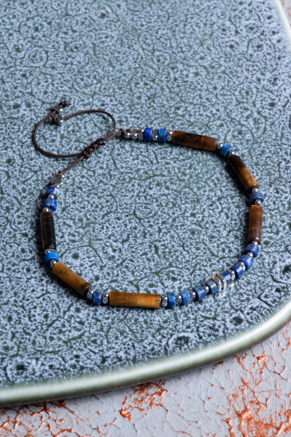 Lapis Lazuli &amp; Hematit &amp; Kaplan Gözü &amp; Gümüş Aparatlı Makrome Bileklik