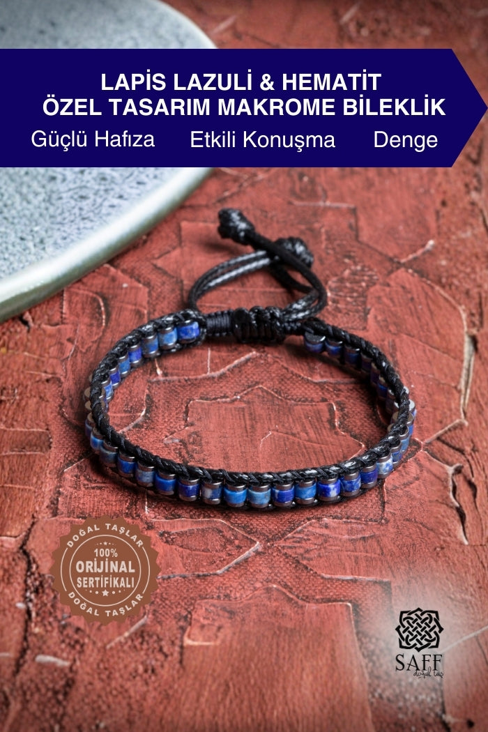 Lapis Lazuli &amp; Hematit Özel Tasarım Makrome Bileklik