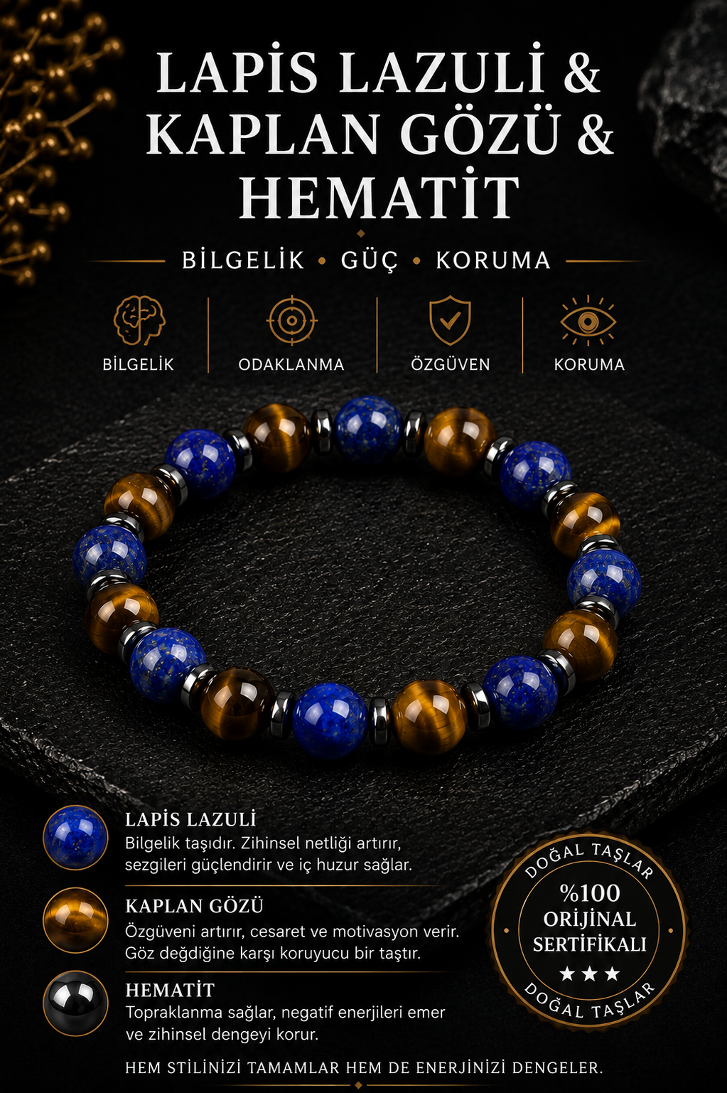 Sertifikalı Doğal Lapis Lazuli, Kaplan Gözü ve Hematit Bileklik – Bilgelik, Güç ve Koruma