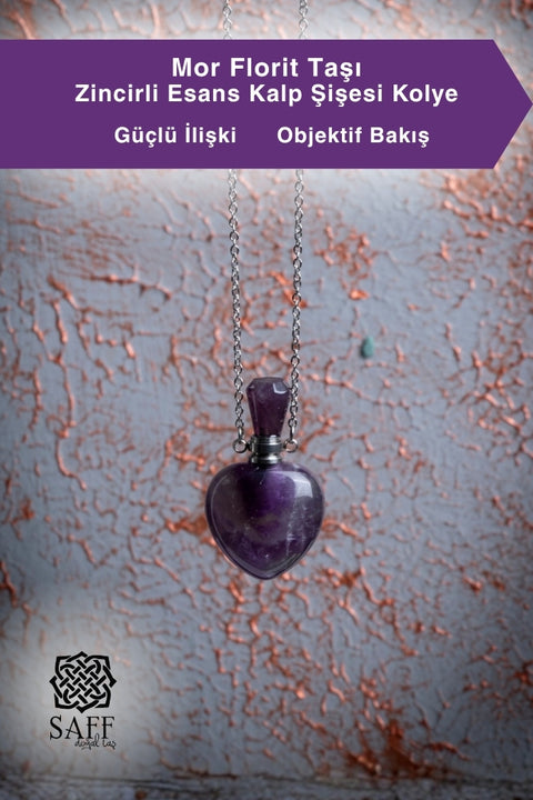 Mor Florit Taşı Zincirli Esans Kalp Şişesi Kolye