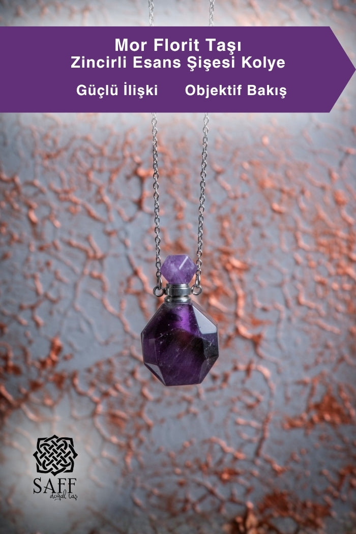 Mor Florit Taşı Zincirli Esans Şişesi Kolye