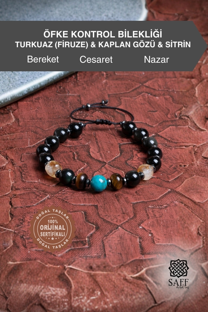 Öfke Kontrol Makrome Bilekliği Turkuaz (Firuze) &amp; Kaplan Gözü &amp; Sitrin