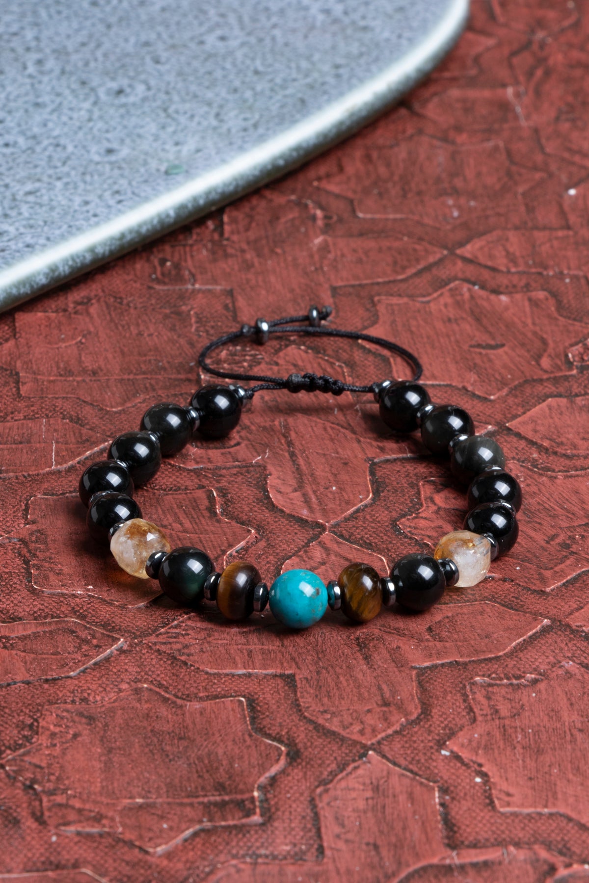 Öfke Kontrol Makrome Bilekliği Turkuaz (Firuze) &amp; Kaplan Gözü &amp; Sitrin