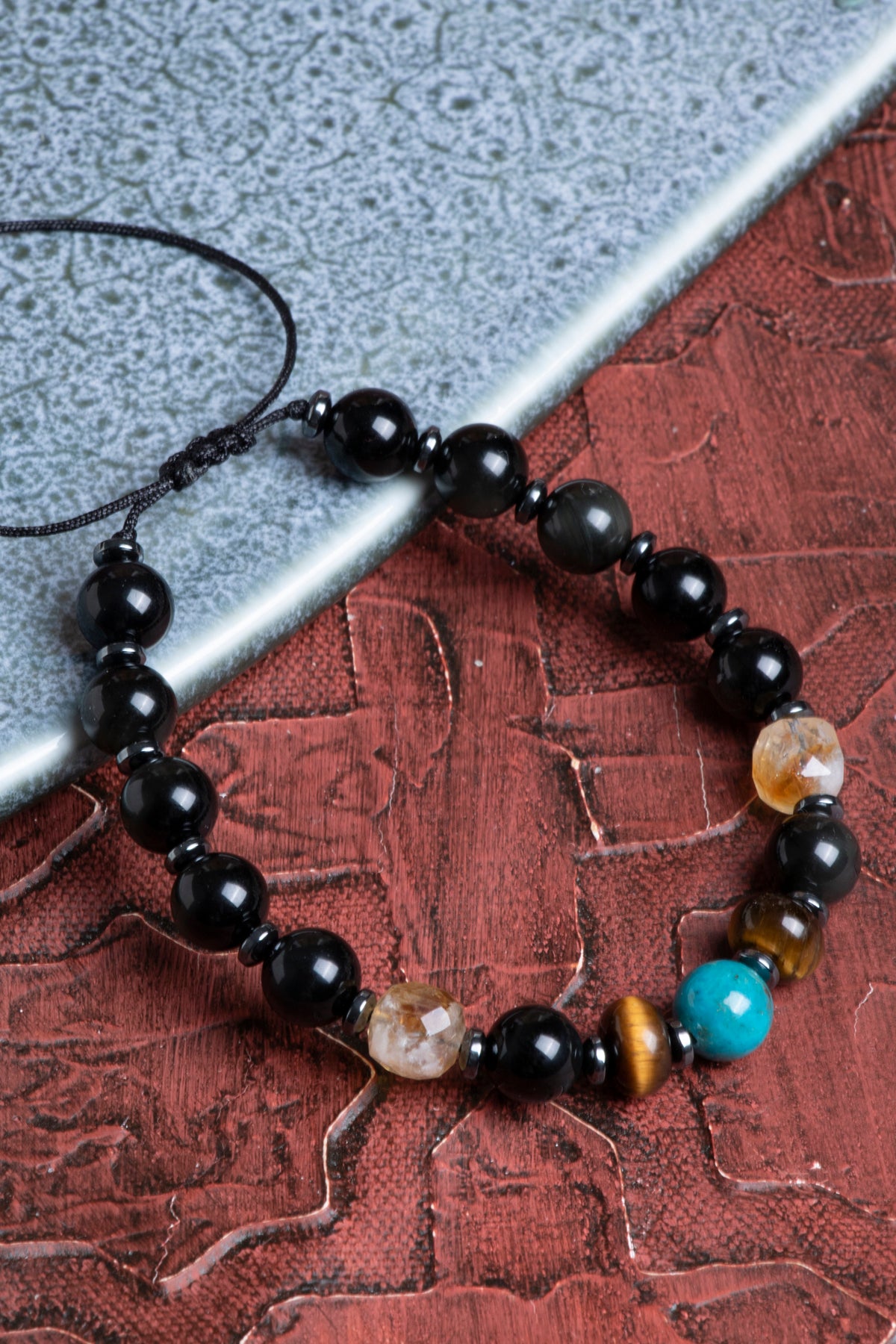 Öfke Kontrol Makrome Bilekliği Turkuaz (Firuze) &amp; Kaplan Gözü &amp; Sitrin