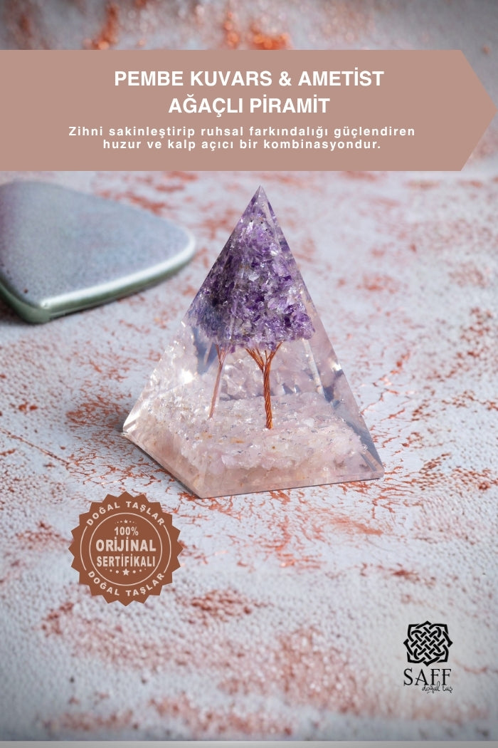 Pembe Kuvars &amp; Ametist Ağaçlı Piramit