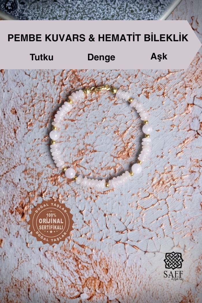 Pembe Kuvars &amp; Ay Taşı &amp; Hematit Gümüş Kapama Bileklik