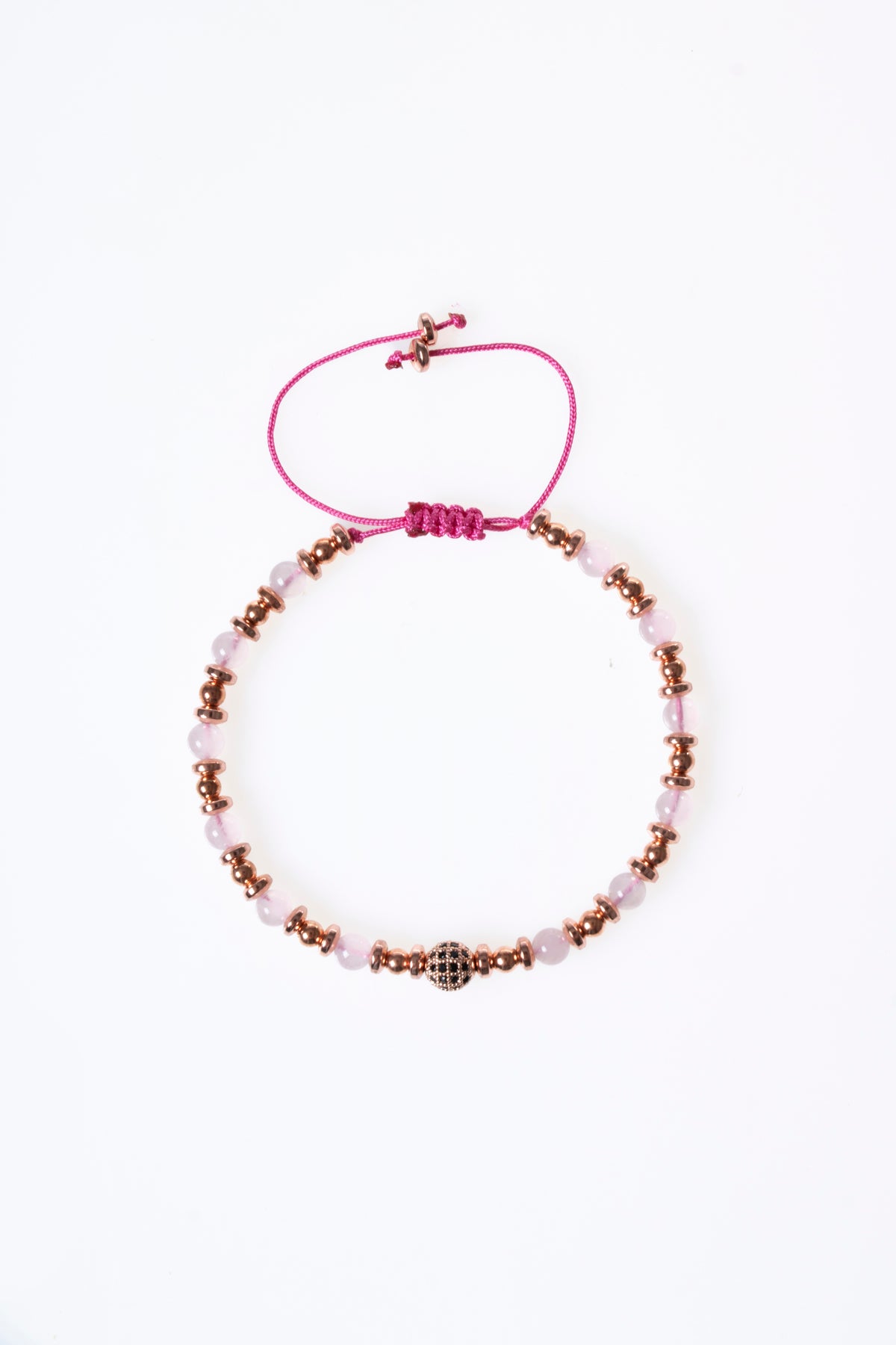 Pembe Kuvars &amp; Hematit &amp; Zirkon Aparat Doğal Taş Makrome Bileklik