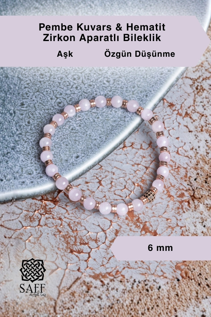 Pembe Kuvars &amp; Hematit &amp; Zirkon Aparatlı Bileklik