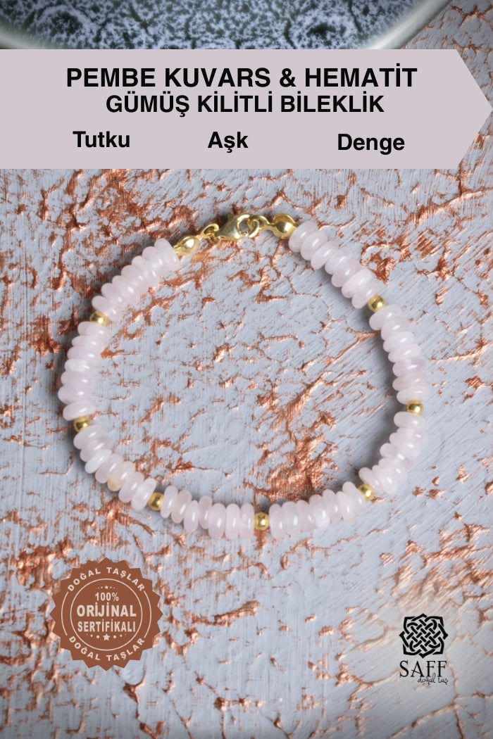 Pembe Kuvars &amp; Hematit Gümüş Kapama Bileklik