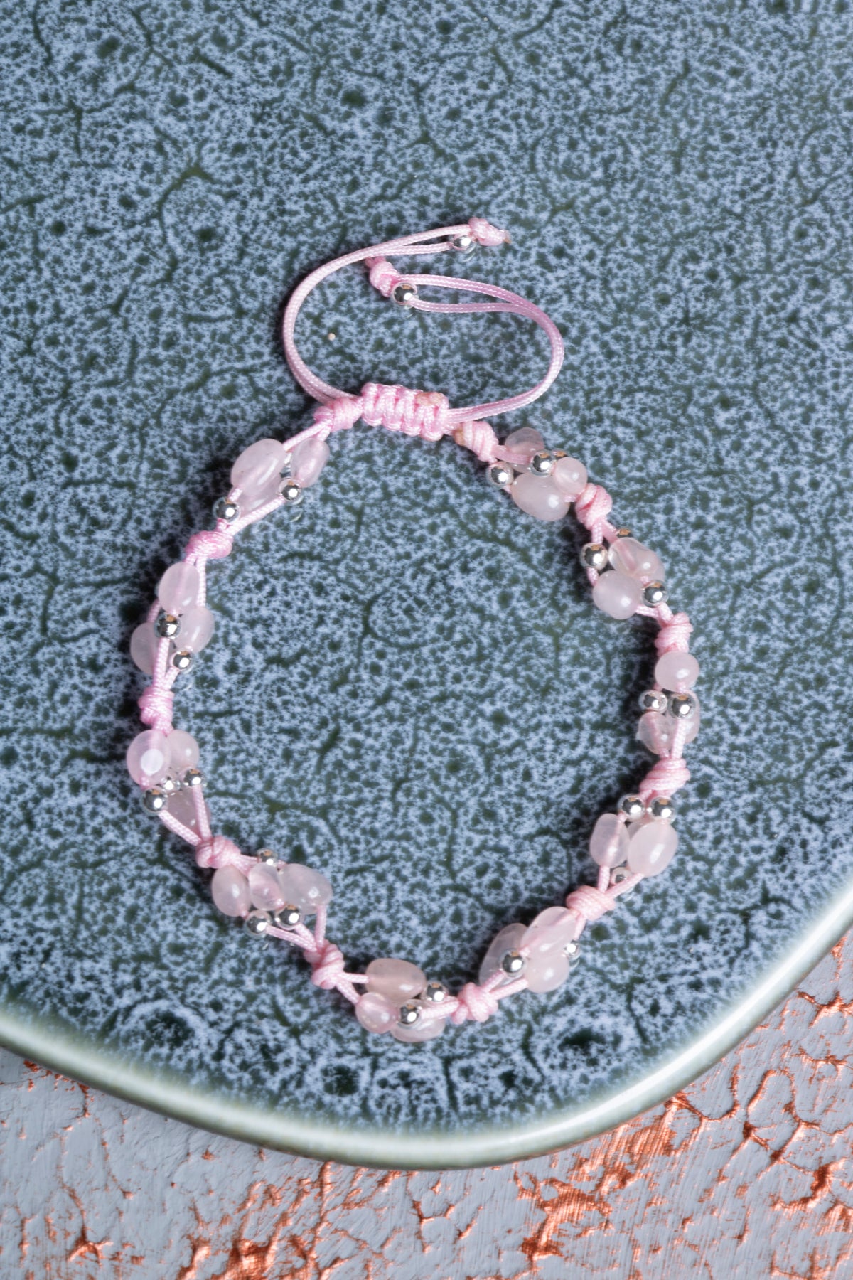 Pembe Kuvars &amp; Hematit Makrome Bileklik