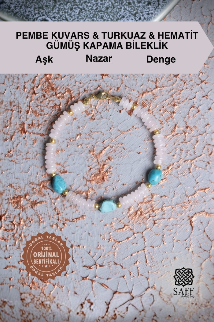 Pembe Kuvars &amp; Turkuaz &amp; Hematit Gümüş Kapama Bileklik