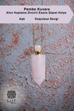 Pembe Kuvars Altın Rengi Kaplama Zincirli Esans Şişesi Kolye 2