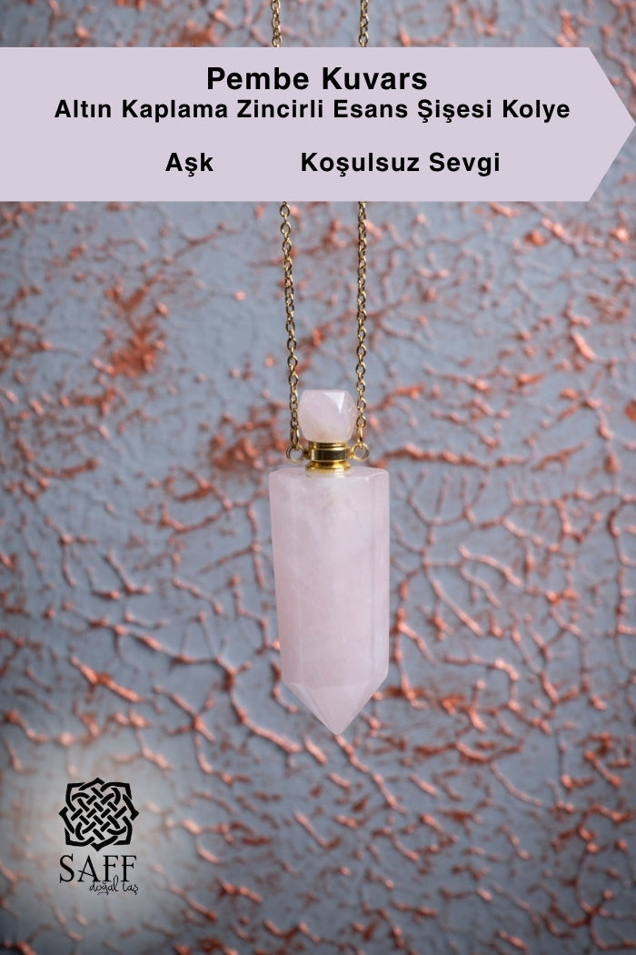 Pembe Kuvars Altın Rengi Kaplama Zincirli Esans Şişesi Kolye 2
