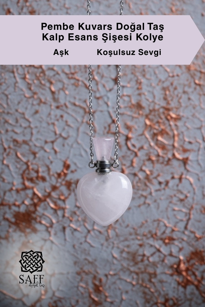 Pembe Kuvars Doğal Taş Kalp Esans Şişesi Kolye