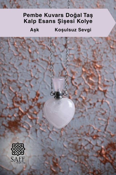 Pembe Kuvars Doğal Taş Kalp Esans Şişesi Kolye