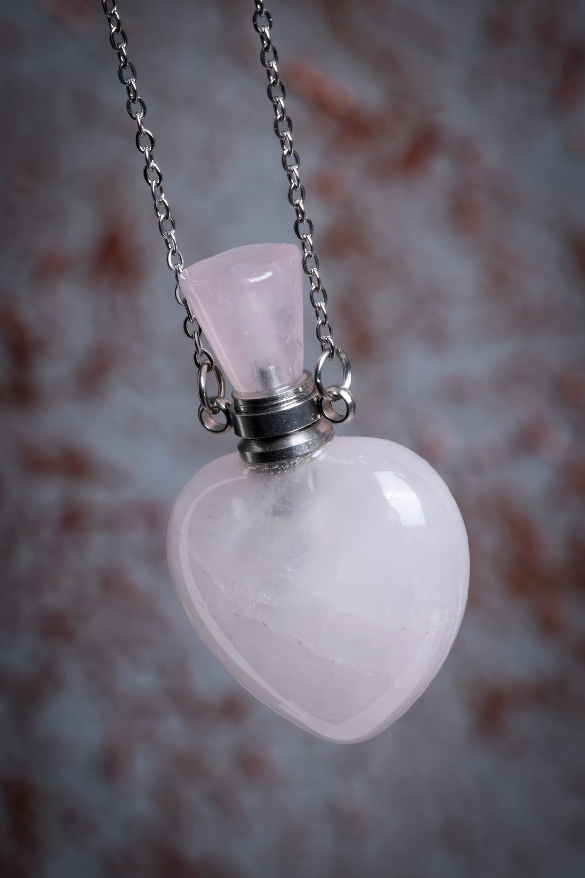 Pembe Kuvars Doğal Taş Kalp Esans Şişesi Kolye