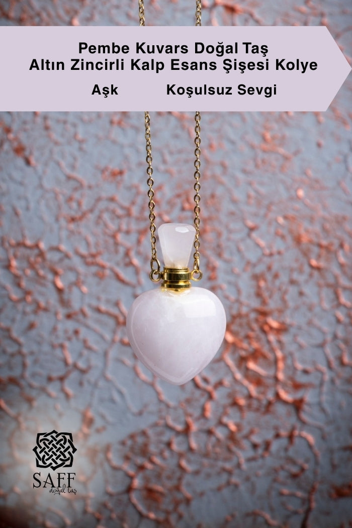 Pembe Kuvars Doğal Taş Altın Zincirli Kalp Esans Şişesi Kolye