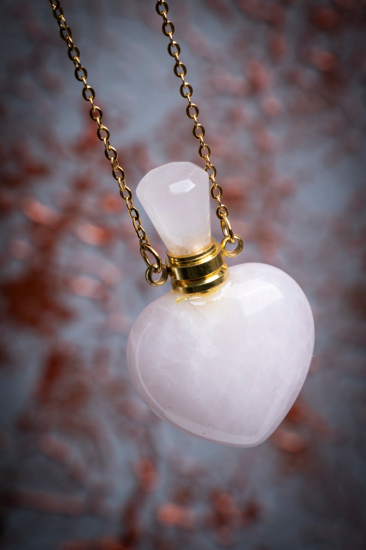 Pembe Kuvars Doğal Taş Altın Zincirli Kalp Esans Şişesi Kolye