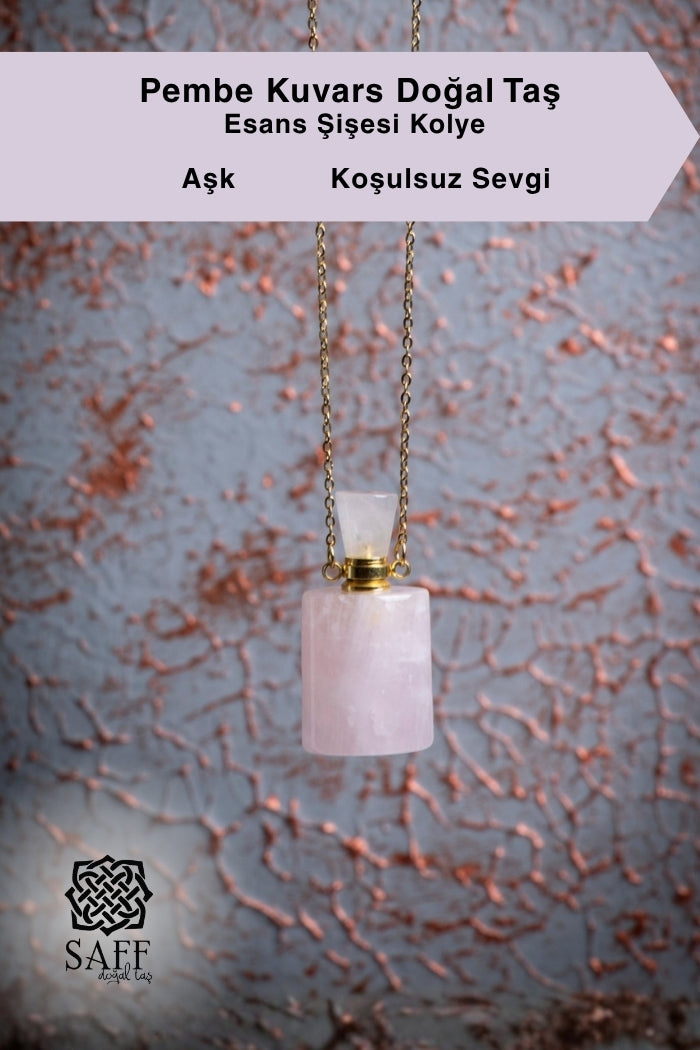 Pembe Kuvars Doğal Taş Esans Şişesi Kolye