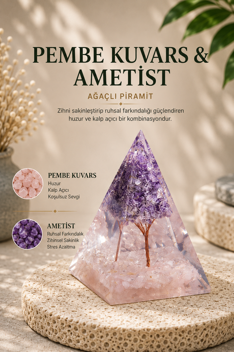 Pembe Kuvars & Ametist Ağaçlı Piramit | SAFF Doğal Taş