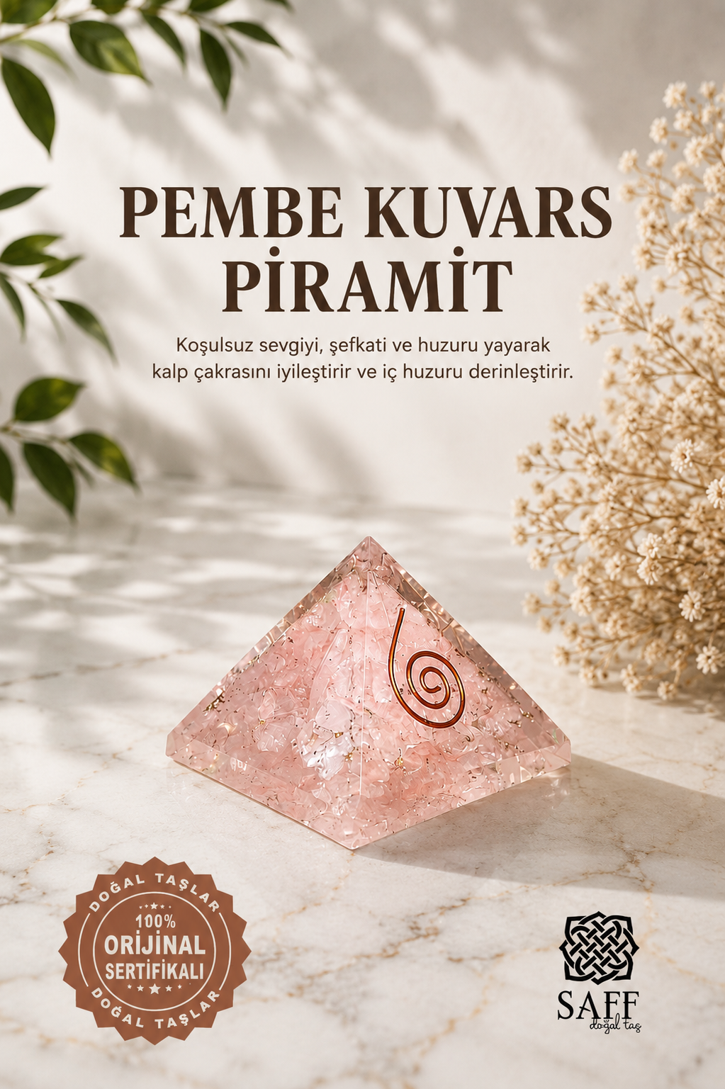 Sertifikalı Pembe Kuvars Piramit