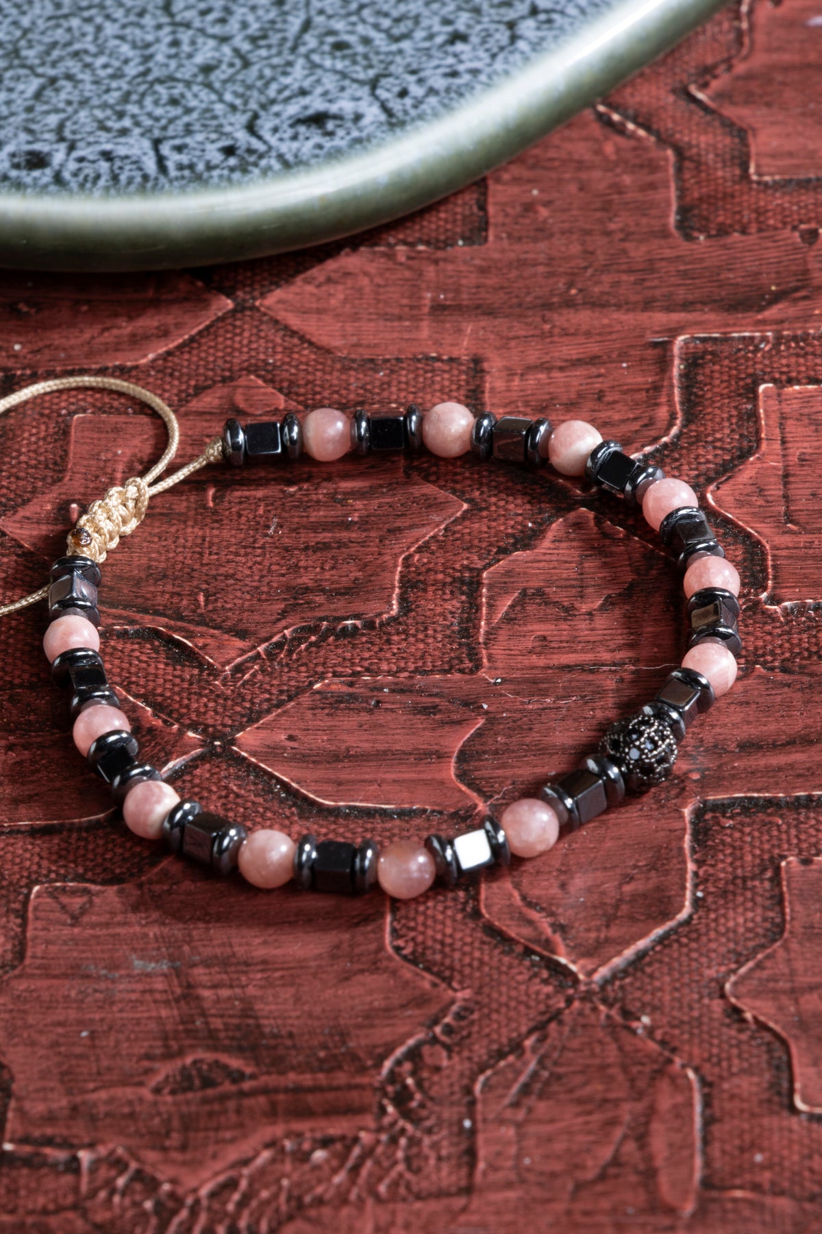 Rodokrozit &amp; Hematit &amp; Zirkon Aparat Doğal Taş Makrome Bileklik