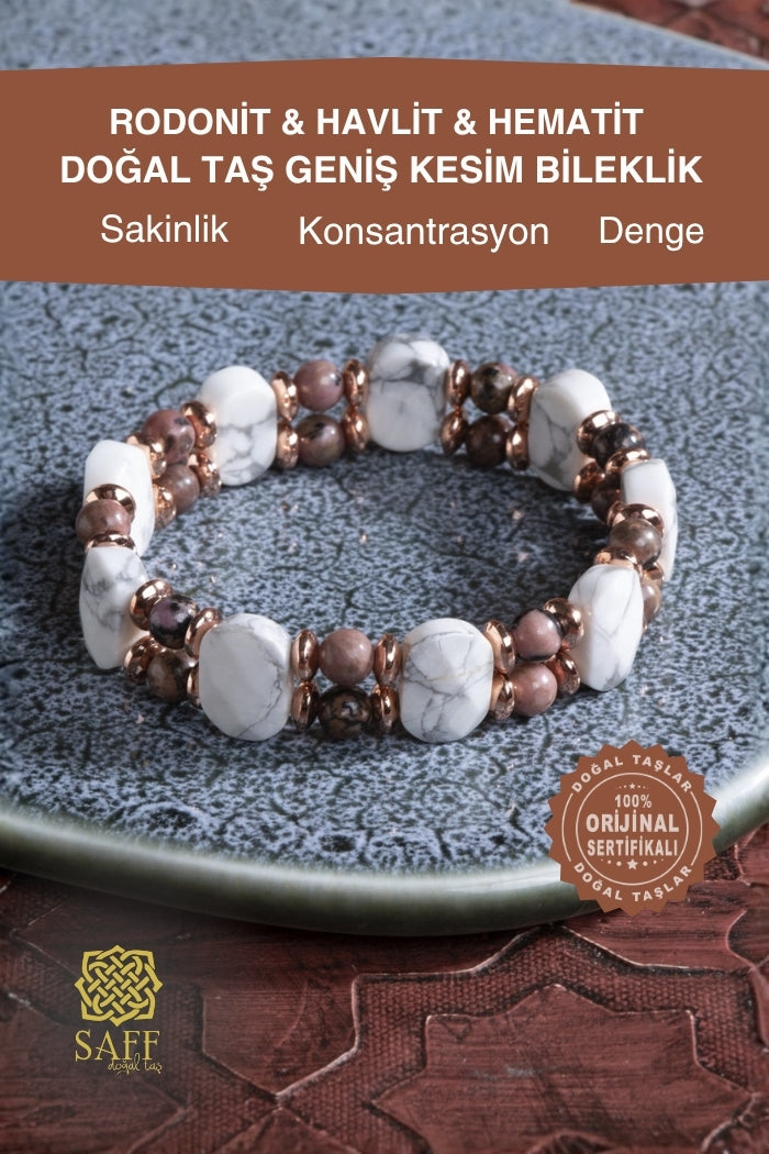 Rodonit &amp; Havlit &amp; Hematit Doğal Taş Bileklik