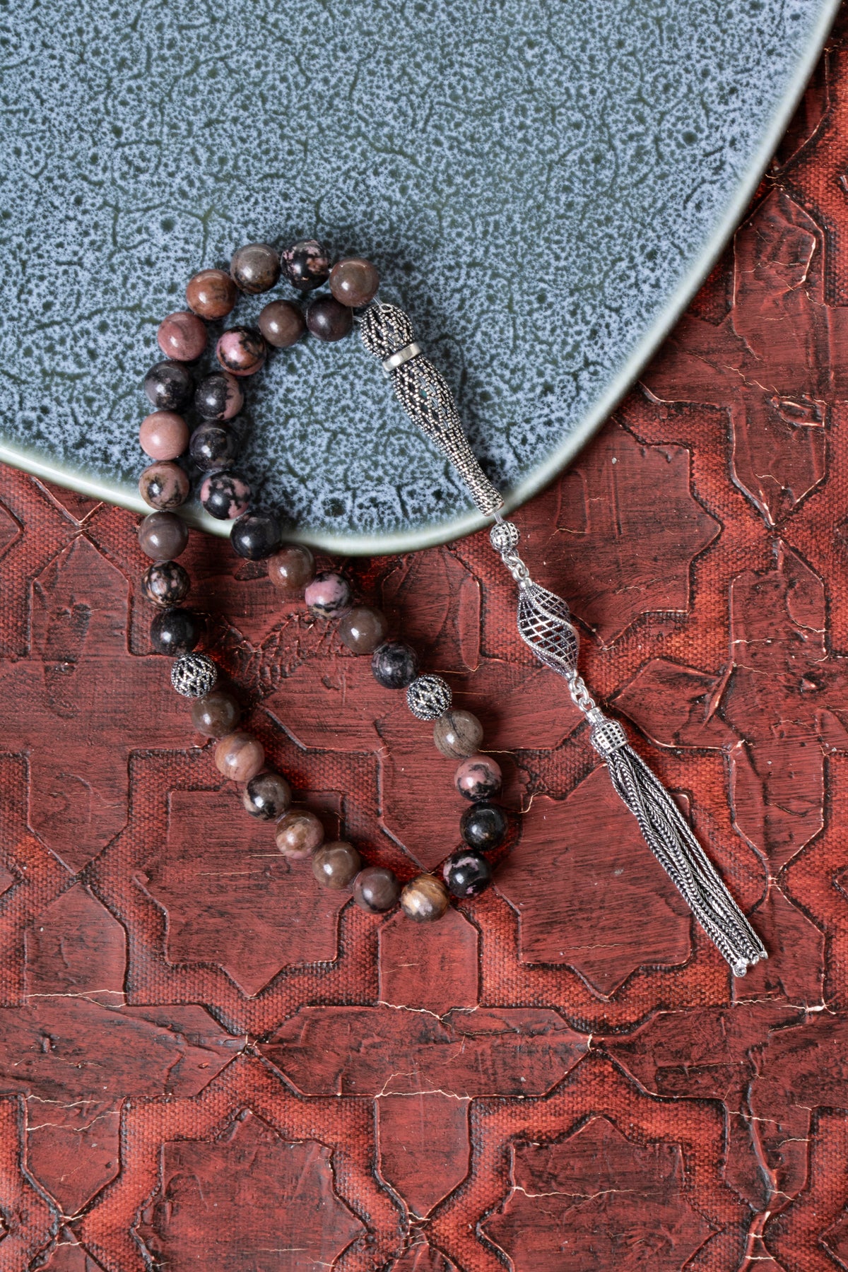 Sertifikalı 8 mm Rodonit 925 Ayar Gümüş İmame Püskül Tesbih