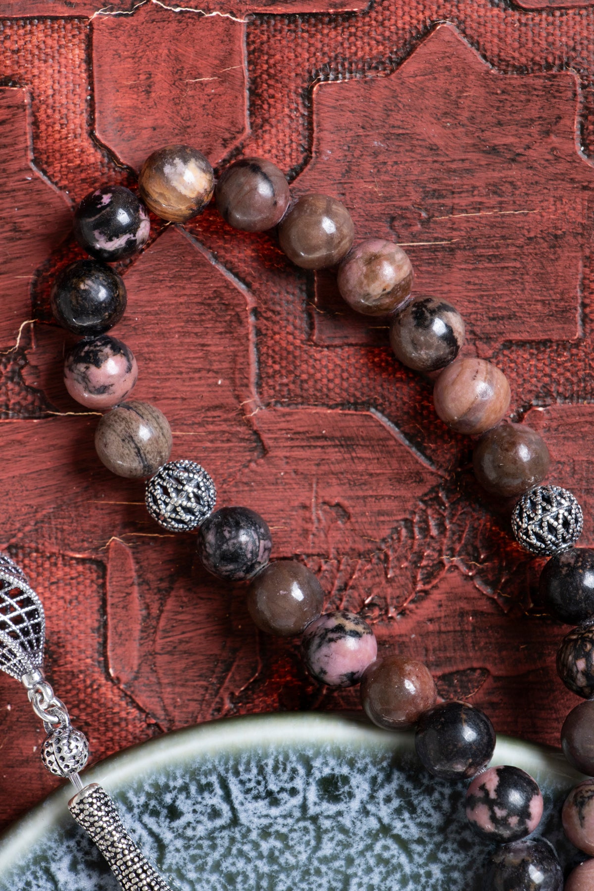 Sertifikalı 8 mm Rodonit 925 Ayar Gümüş İmame Püskül Tesbih