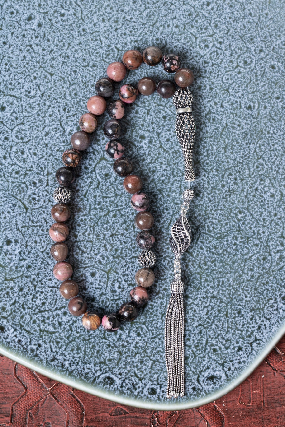 Sertifikalı 8 mm Rodonit 925 Ayar Gümüş İmame Püskül Tesbih