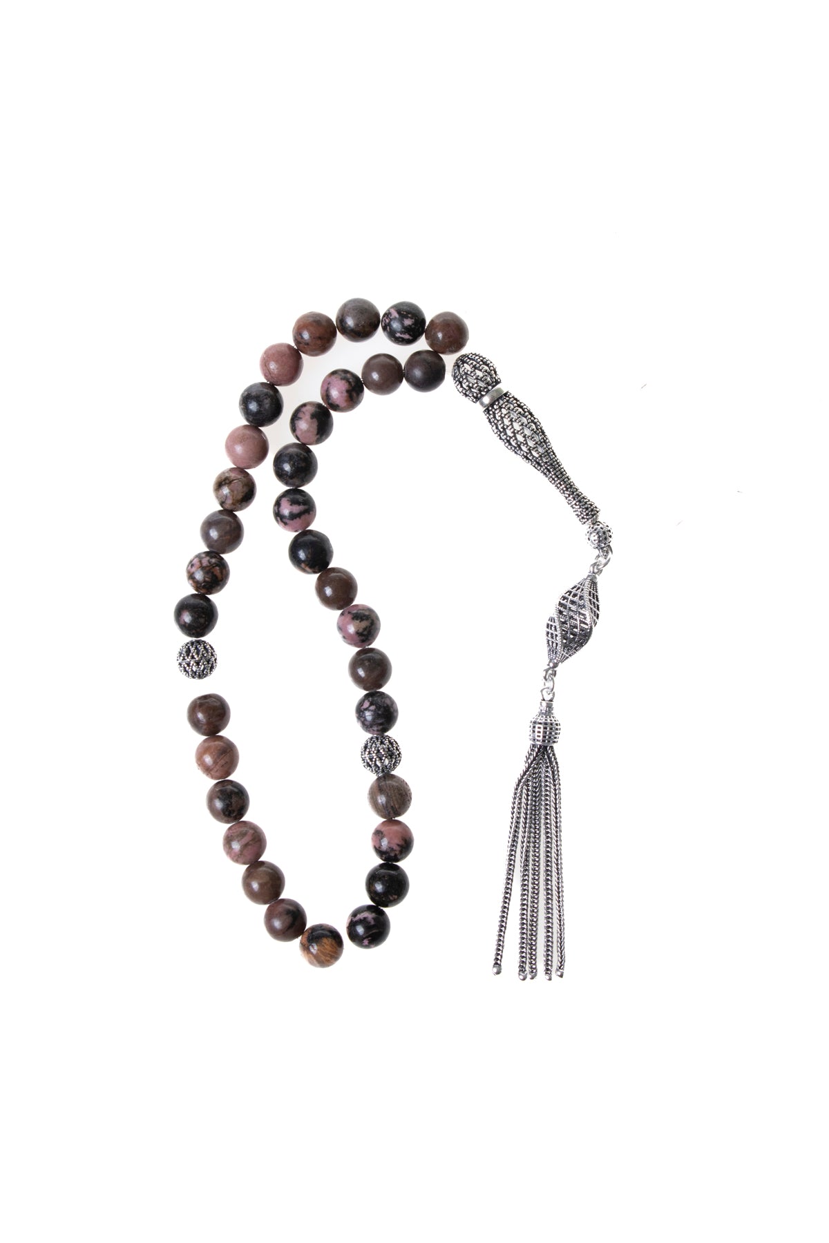 Sertifikalı 8 mm Rodonit 925 Ayar Gümüş İmame Püskül Tesbih