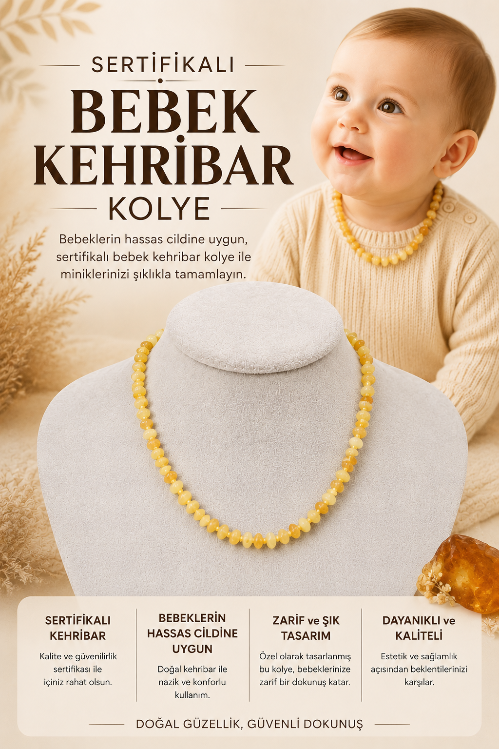 Bebek Kehribar Kolye Sertifikalı Damla Kehribar 209026