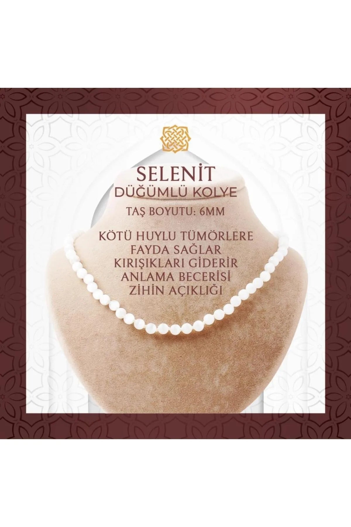 Selenit 6 mm Düğümlü Doğal Taş Kolye