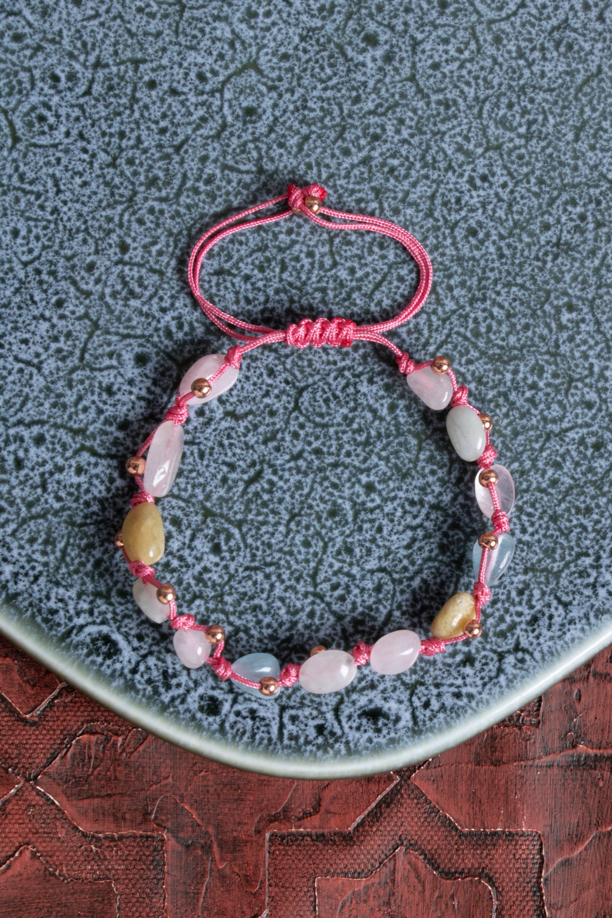 Sertfikalı Akuamarin &amp; Helidor Pembe Kuvars Doğal Taş Makrome Bileklik