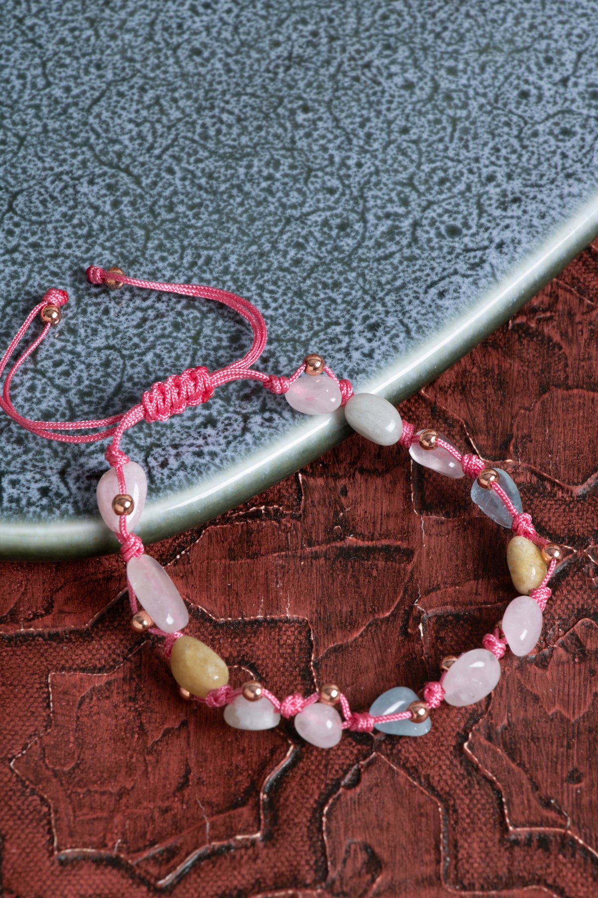 Sertfikalı Akuamarin &amp; Helidor Pembe Kuvars Doğal Taş Makrome Bileklik