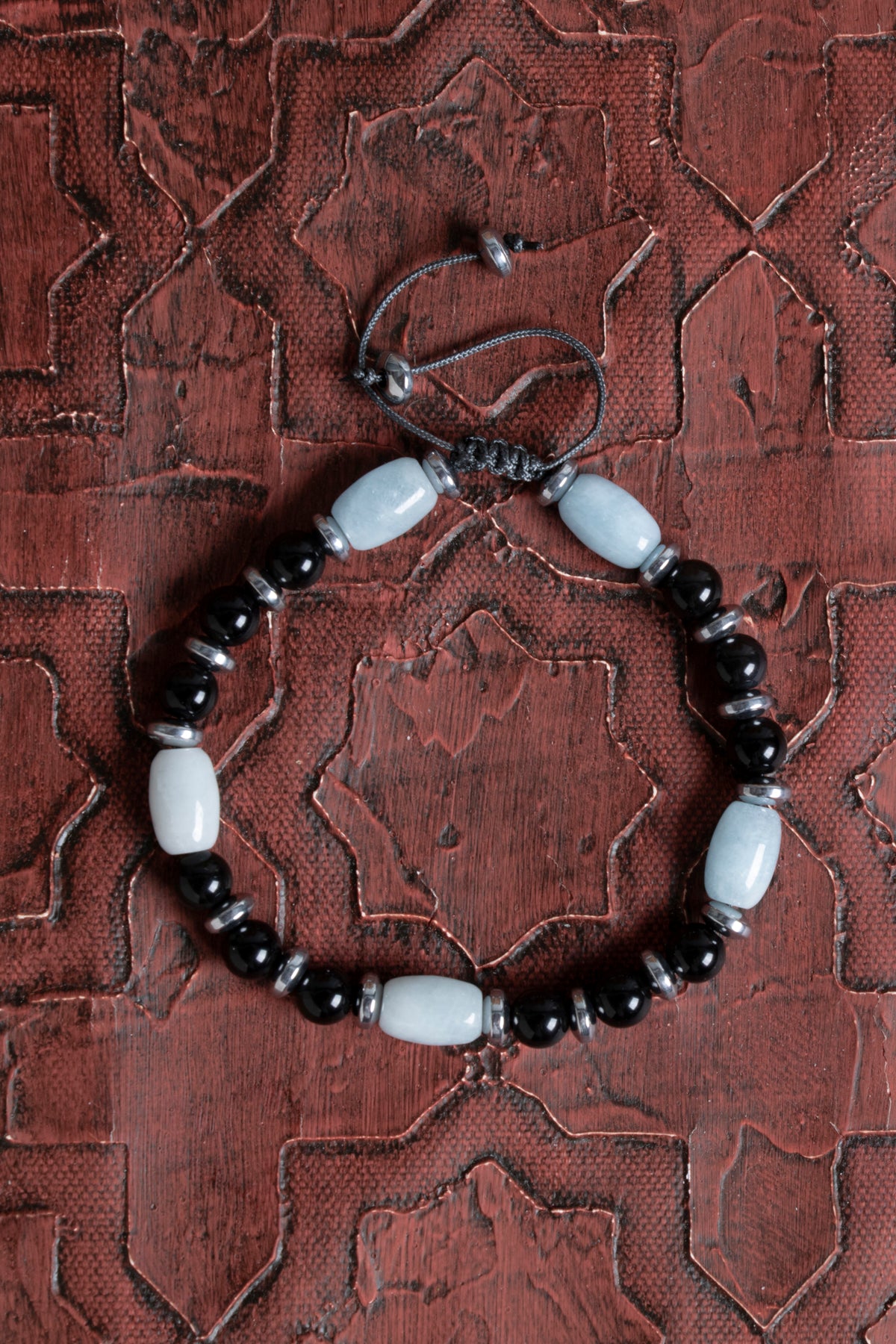 Sertfikalı Akuamarin &amp; Obsidyen &amp; Hematit Doğal Taş Makrome Bileklik