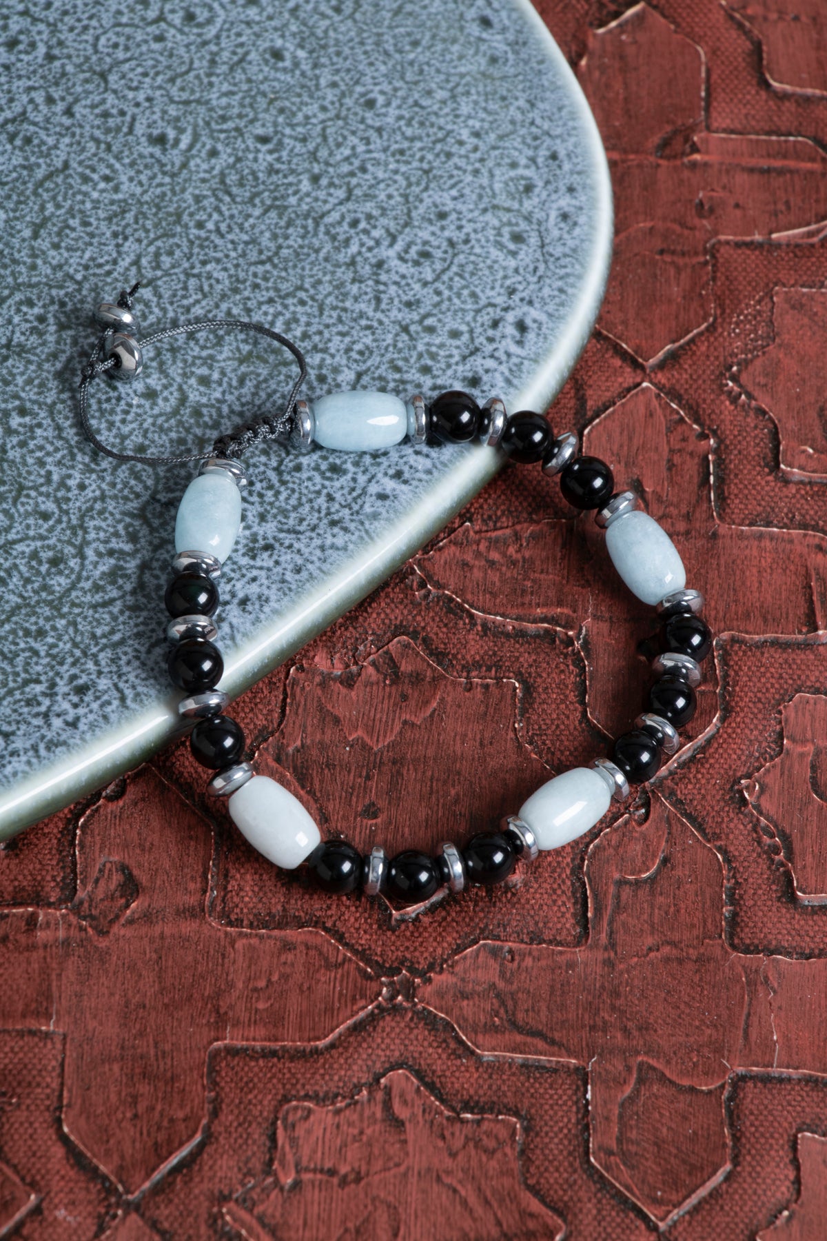 Sertfikalı Akuamarin &amp; Obsidyen &amp; Hematit Doğal Taş Makrome Bileklik