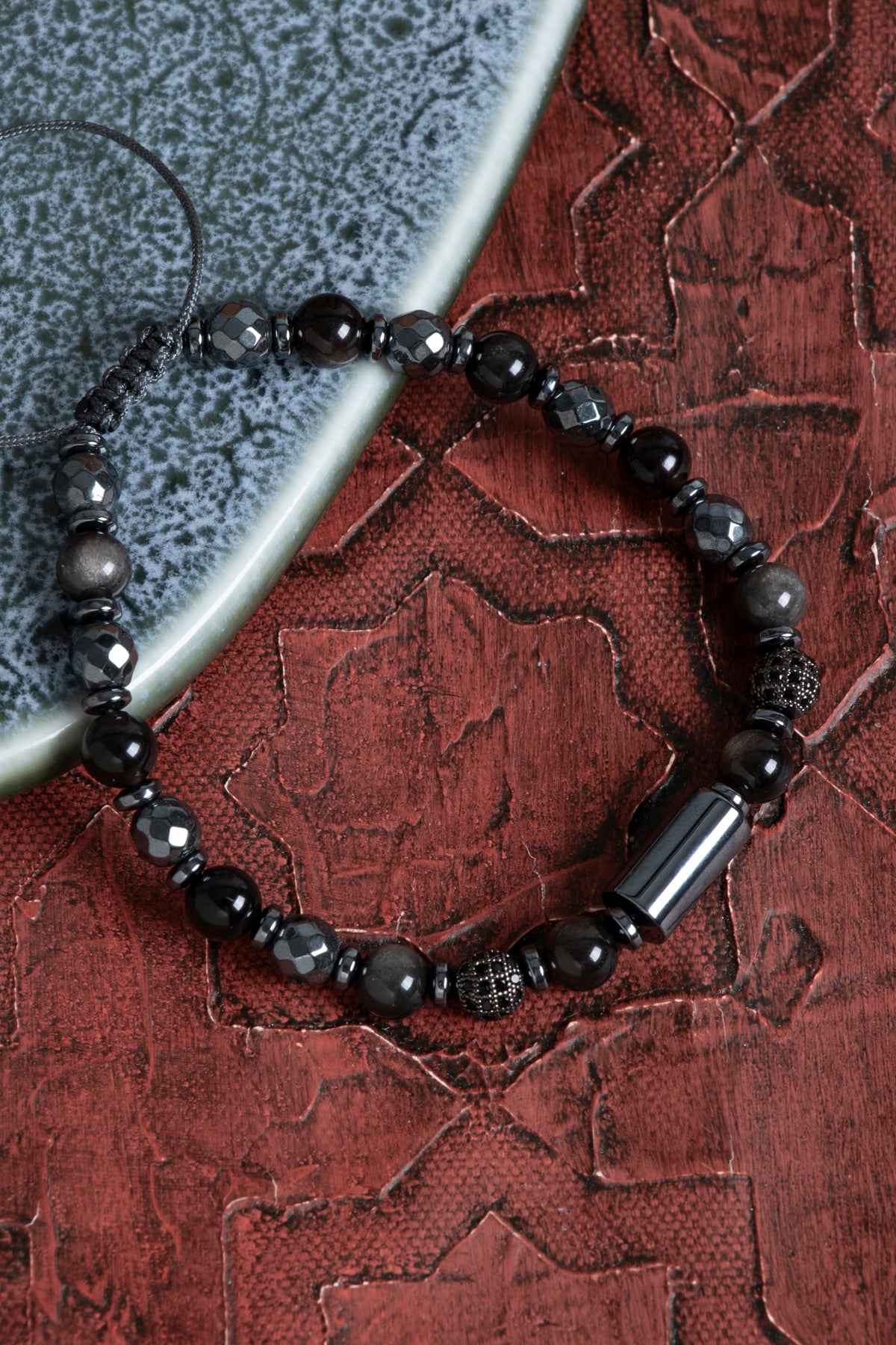 Sertfikalı Hematit &amp; Gümüş Obsidyen &amp; Zirkon Aparatlı Doğal Taş Makrome Bileklik