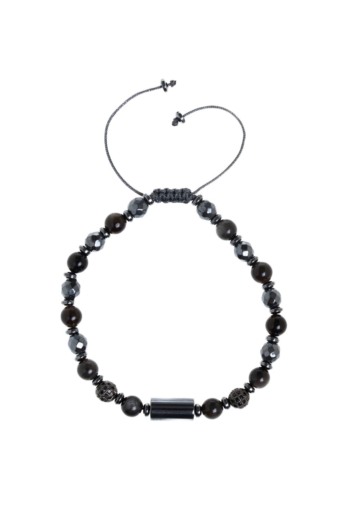 Sertfikalı Hematit &amp; Gümüş Obsidyen &amp; Zirkon Aparatlı Doğal Taş Makrome Bileklik