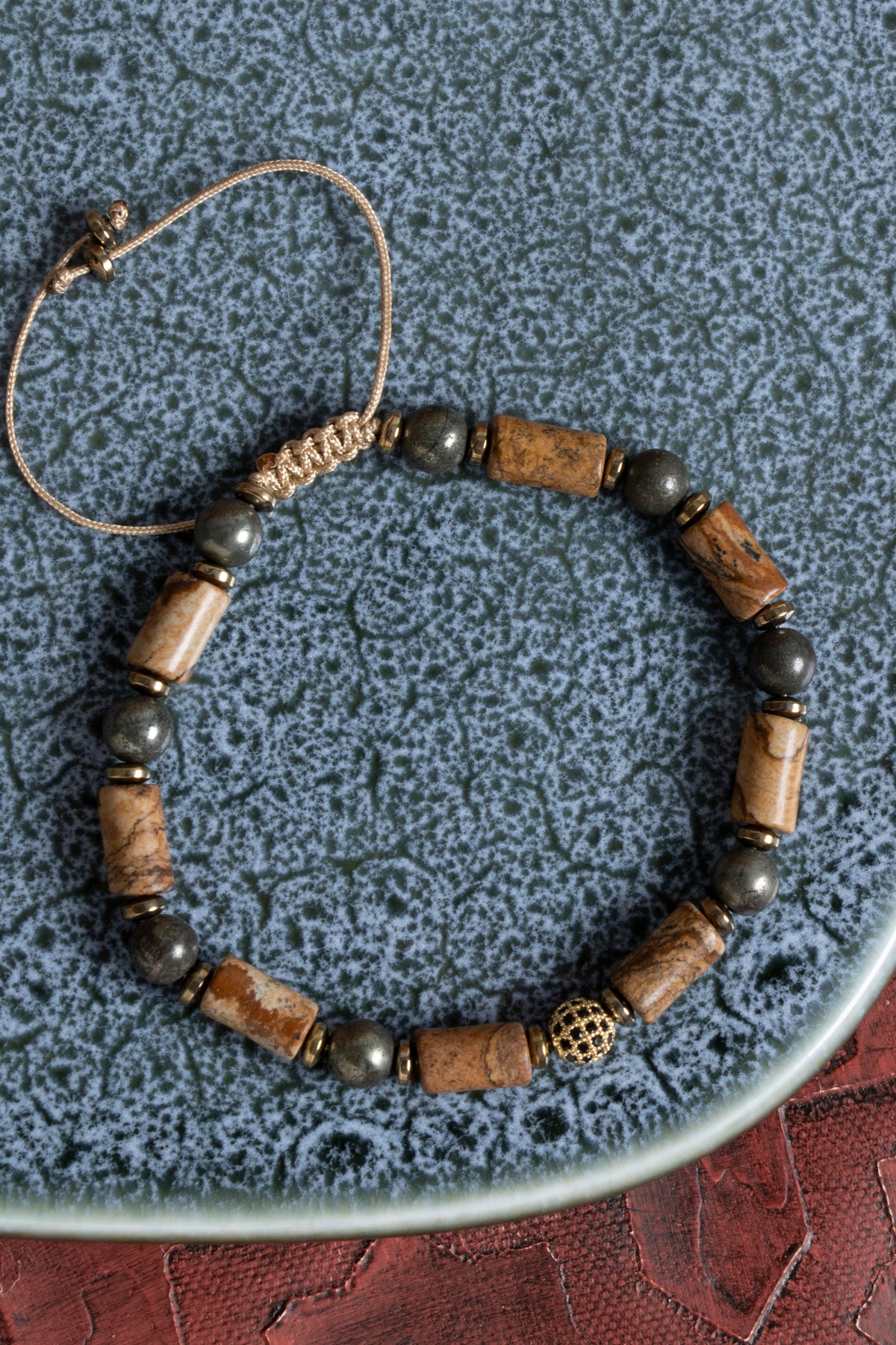 Sertfikalı Jasper &amp; Hematit &amp; Prit Doğal Taş Makrome Bileklik